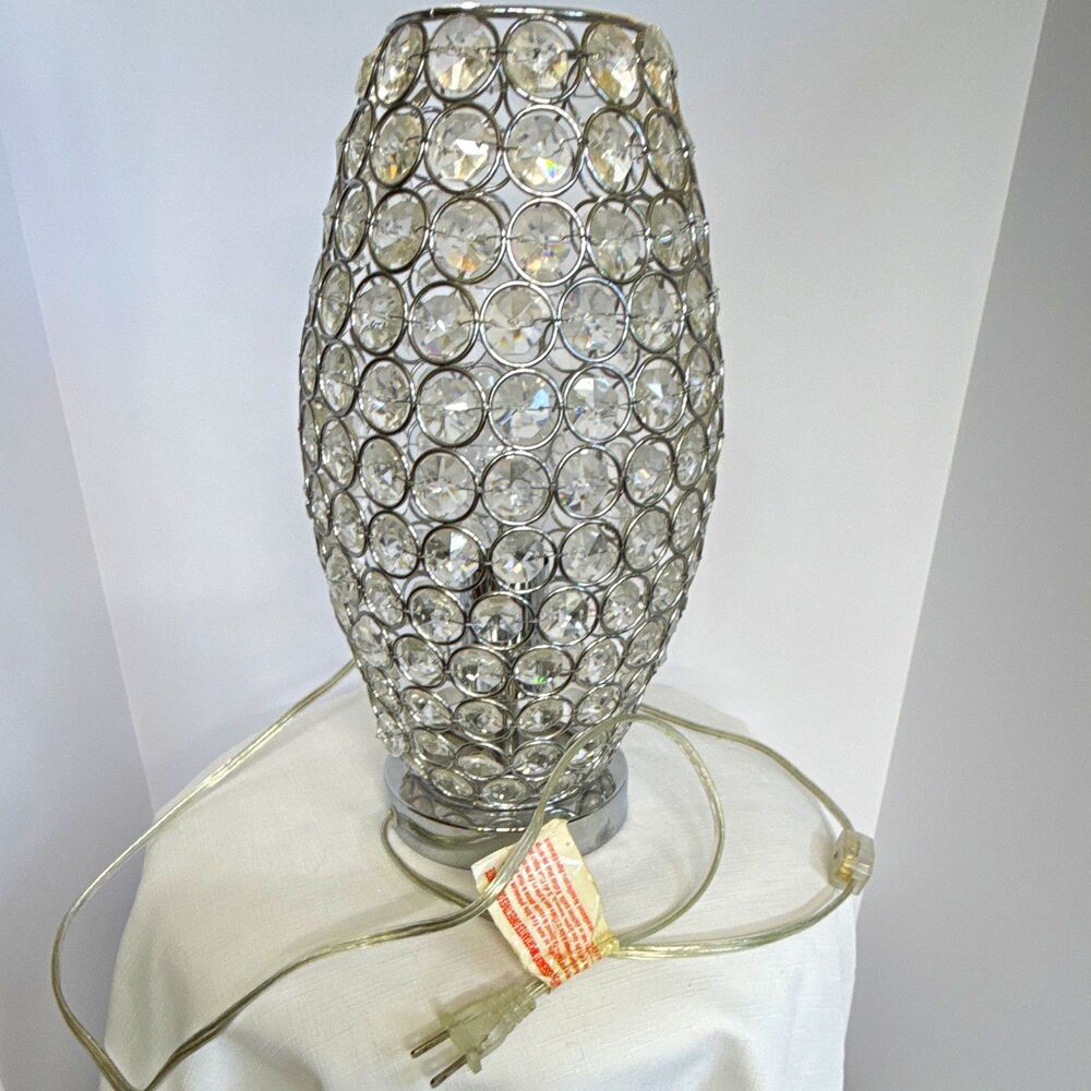 Chrome Crystal Beaded Table Lamp, Silver/Clear, Corded Wall Switch, 120V 40W